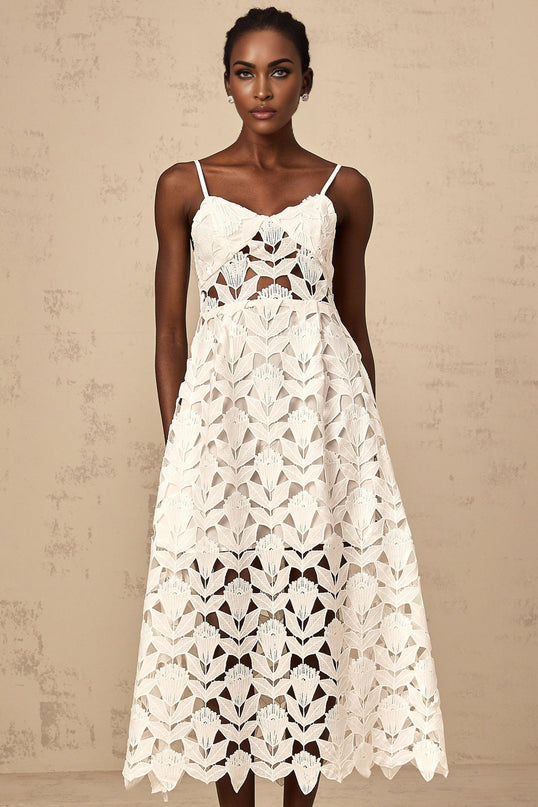 Lana White Guipure Lace Midi Dress with Cutout Detailing