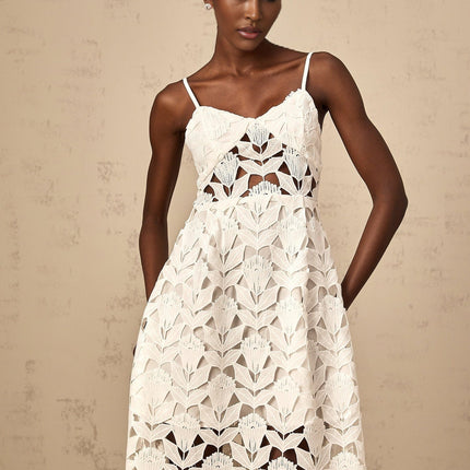 Lana White Guipure Lace Midi Dress with Cutout Detailing and Spaghetti Straps