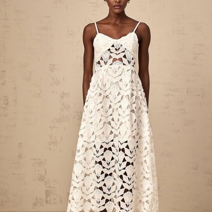Lana White Guipure Lace Midi Dress with Cutout Detailing and Bustier Style