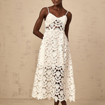 Lana White Guipure Lace Midi Dress with Cutout Detailing Spaghetti Straps and Bustier Style
