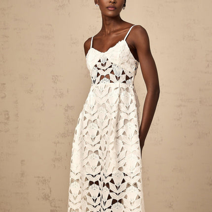 Lana White Guipure Lace Midi Dress with Cutout Detailing and Spaghetti Straps