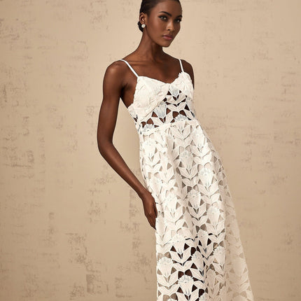 Lana White Guipure Lace Midi Dress with Cutout Detailing and Spaghetti Straps