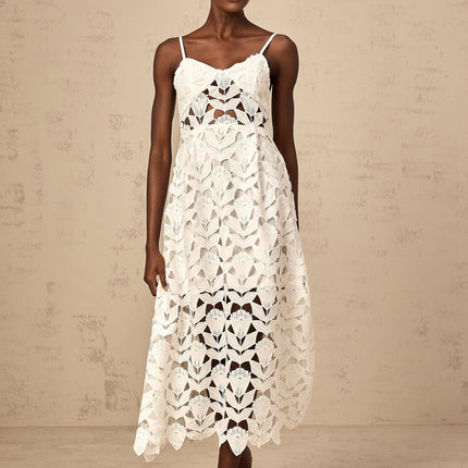 Lana White Guipure Lace Midi Dress with Cutout Detailing and Bustier Style