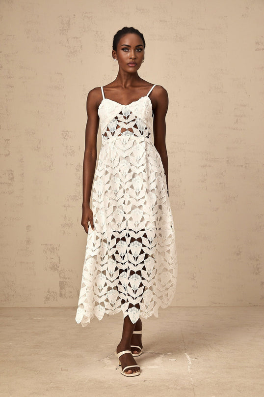 Lana White Guipure Lace Midi Dress with Cutout Detailing and Bustier Style