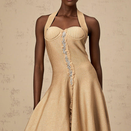 Landry Neutrals Halterneck Mini Dress with Crystal Embellishments