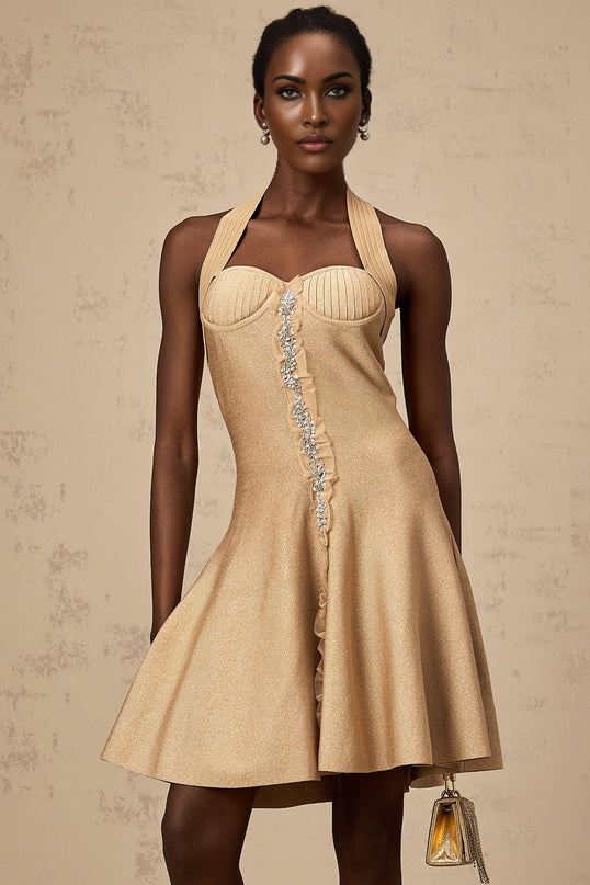 Landry Neutrals Halterneck Mini Dress with Crystal Embellishments