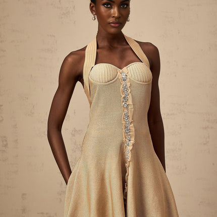 Landry Neutrals Halterneck Mini Dress with Crystal Embellishments