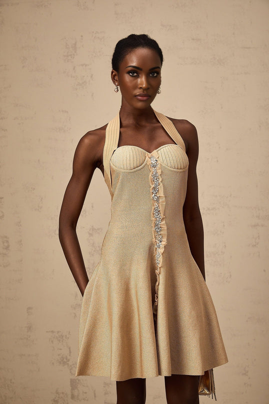 Landry Neutrals Halterneck Mini Dress with Crystal Embellishments