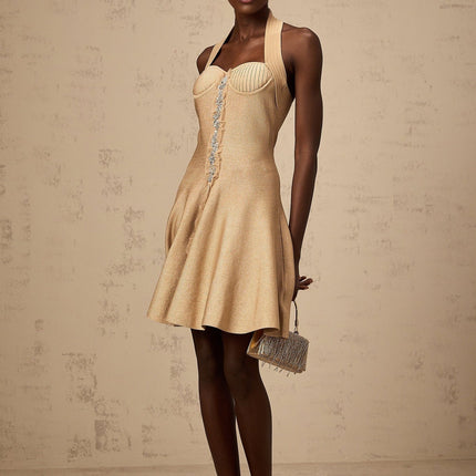 Landry Neutrals Halterneck Mini Dress with Crystal Embellishments