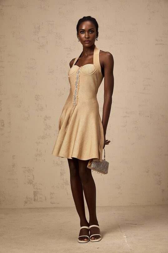 Landry Neutrals Halterneck Mini Dress with Crystal Embellishments