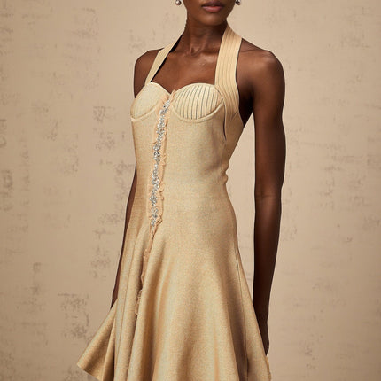 Landry Neutrals Halterneck Mini Dress with Crystal Embellishments