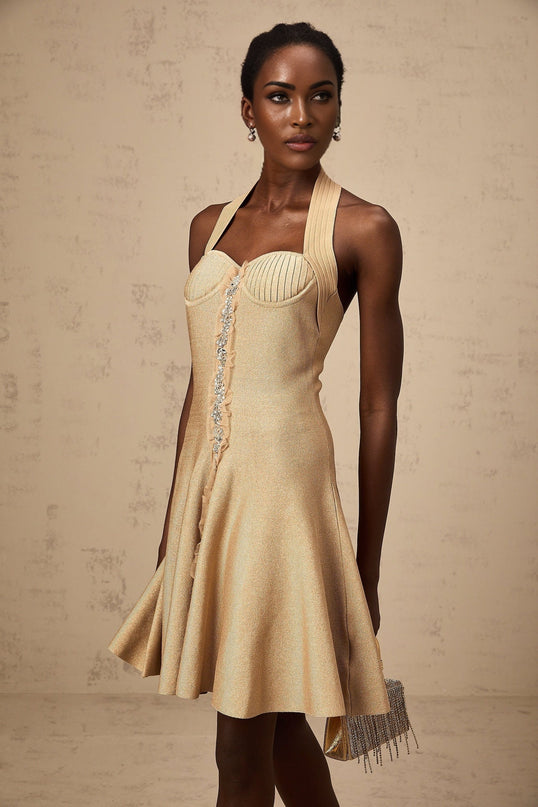 Landry Neutrals Halterneck Mini Dress with Crystal Embellishments
