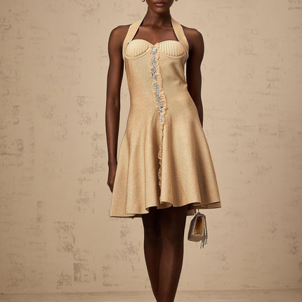 Landry Neutrals Halterneck Mini Dress with Crystal Embellishments