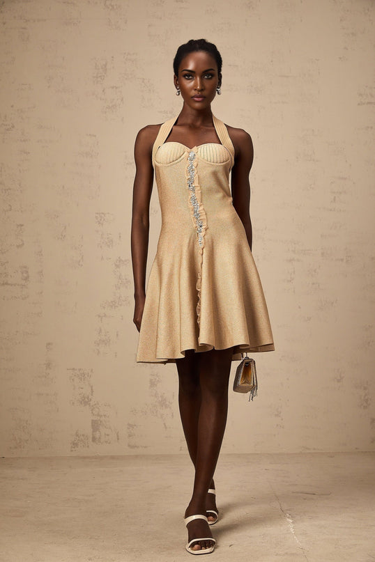 Landry Neutrals Halterneck Mini Dress with Crystal Embellishments