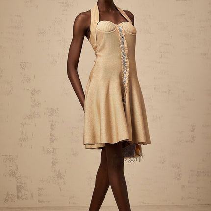 Landry Neutrals Halterneck Mini Dress with Crystal Embellishments