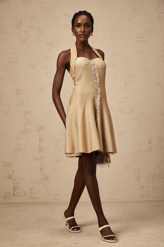 Landry Neutrals Halterneck Mini Dress with Crystal Embellishments