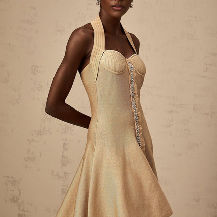Landry Neutrals Halterneck Mini Dress with Crystal Embellishments