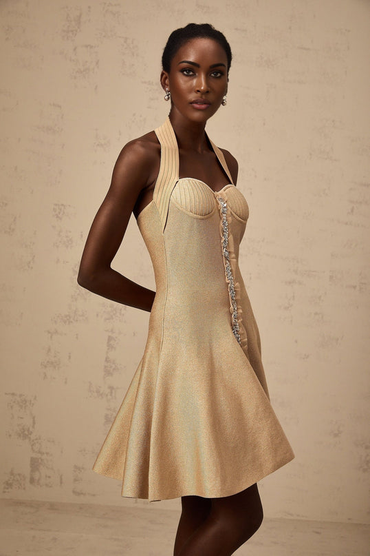 Landry Neutrals Halterneck Mini Dress with Crystal Embellishments