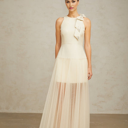 Landry White Crystal Accent Bow Midi Dress