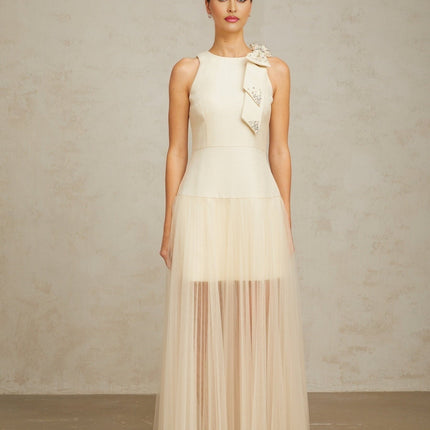 Landry White Crystal Accent Bow Midi Dress
