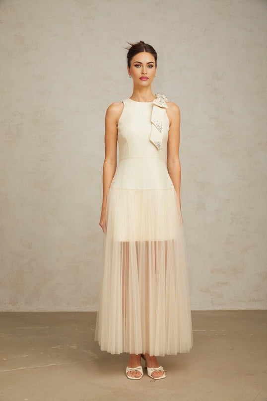 Landry White Crystal Accent Bow Midi Dress