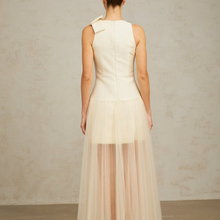 Landry White Crystal Accent Bow Midi Dress
