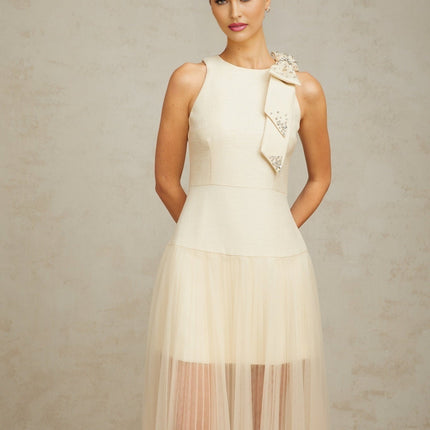 Landry White Crystal Accent Bow Midi Dress