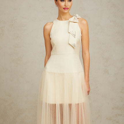 Landry White Crystal Bow Midi Dress