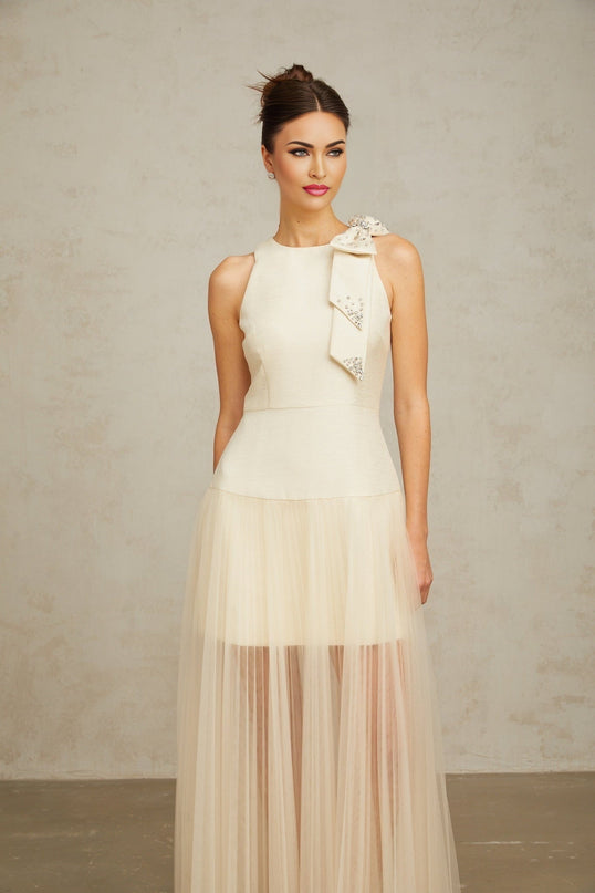 Landry White Crystal Bow Midi Dress
