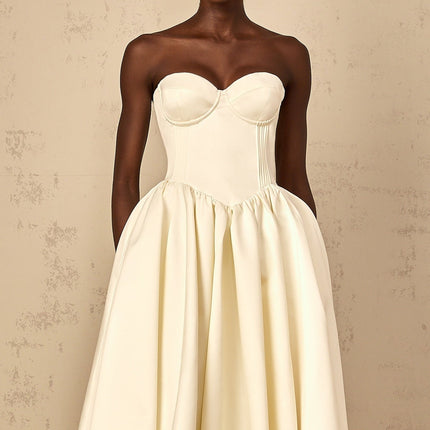Landry White Off-Shoulder Midi Dress with Boned Bodice and Shirred Effect