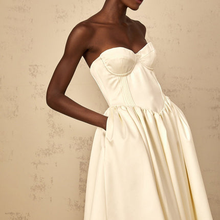 Landry White Midi Dress with Off-Shoulder Allure and Shirred Effect