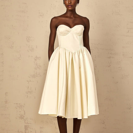 Landry White Midi Dress Off-Shoulder Boned Bodice Underwire Bra Shirred Effect Side Slit Pockets Rear Zip Fastening Terylene Fiber Elegant Sophisticated Modern Grace Timeless Charm