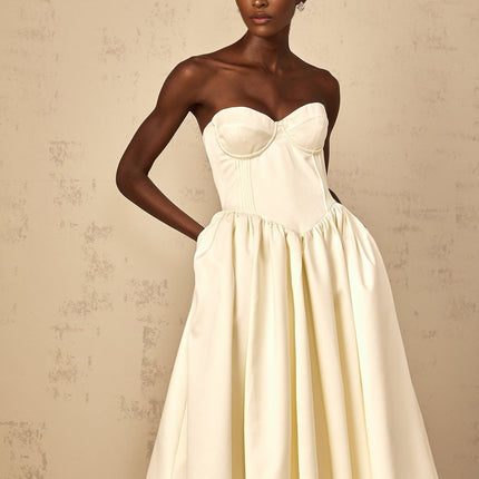 Landry White Off-Shoulder Midi Dress with Boned Bodice and Shirred Effect