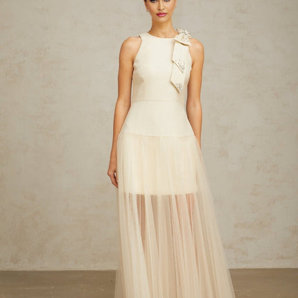 Landry White Midi Dress Crystal Accent Bow Sleeveless Round Neck Cinched Waist Pleated Tulle Panelling Opulent Embellishment Rear Zip Closure Ankle Length Luxurious Terylene Fiber Special Occasion