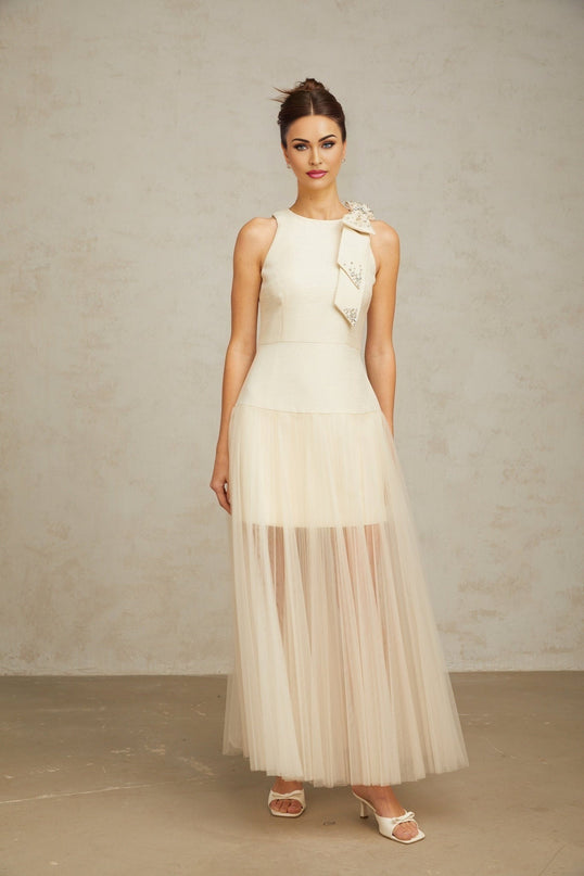 Landry White Midi Dress Crystal Accent Bow Sleeveless Round Neck Cinched Waist Pleated Tulle Panelling Opulent Embellishment Rear Zip Closure Ankle Length Luxurious Terylene Fiber Special Occasion