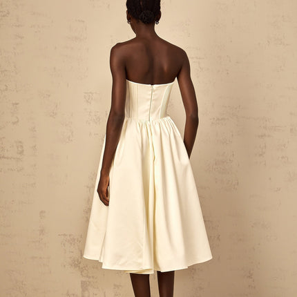 Landry White Off-Shoulder Midi Dress with Boned Bodice and Side Slit Pockets