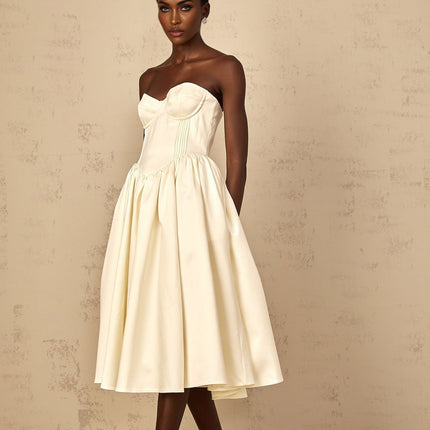 Landry White Off-Shoulder Midi Dress with Boned Bodice and Side Slit Pockets