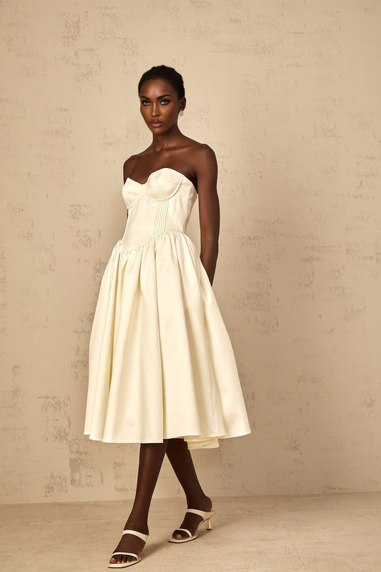 Landry White Off-Shoulder Midi Dress with Boned Bodice and Side Slit Pockets
