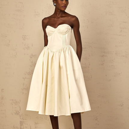 Landry White Off-Shoulder Midi Dress with Boned Bodice and Side Slit Pockets