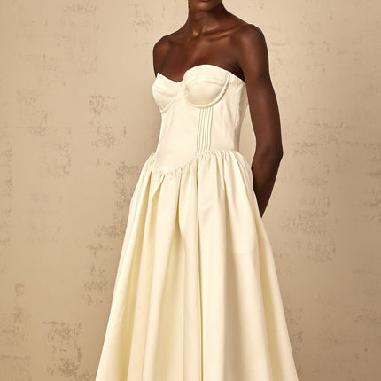 Landry White Off-Shoulder Midi Dress with Shirred Effect and Side Slit Pockets