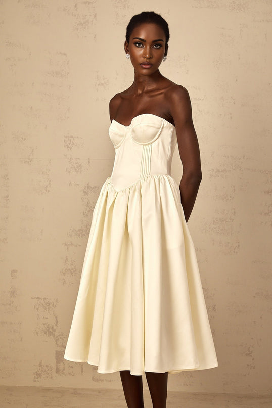 Landry White Off-Shoulder Midi Dress with Shirred Effect and Side Slit Pockets