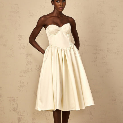 Landry White Off-Shoulder Midi Dress with Shirred Effect and Side Slit Pockets