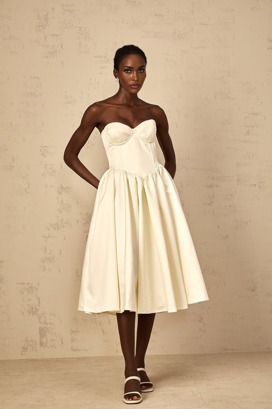 Landry White Off-Shoulder Midi Dress with Shirred Effect and Side Slit Pockets