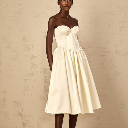 Landry White Off-Shoulder Midi Dress with Side Slit Pockets and Rear Zip Fastening