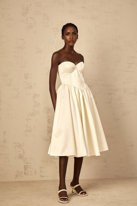 Landry White Off-Shoulder Midi Dress with Side Slit Pockets and Rear Zip Fastening