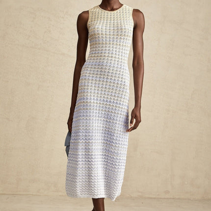 Laney Midi Dress Neutrals Ribbed Knit Sleeveless Round Neck Contrast Trim