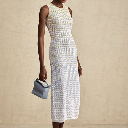 Laney Midi Dress in Neutrals Ribbed Knit Texture Sleeveless Round Neck Contrast Trim 55 Polyester 29 Cotton 16 Spandex
