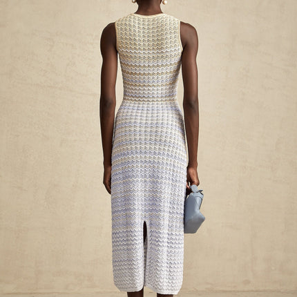 Laney Midi Dress Neutrals Ribbed Knit Texture Sleeveless Round Neck Contrast Colors Trim Versatile Comfort Style