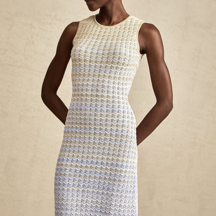 Laney Midi Dress in Neutrals Ribbed Knit Texture Sleeveless Round Neck Contrast Trim 55 Polyester 29 Cotton 16 Spandex