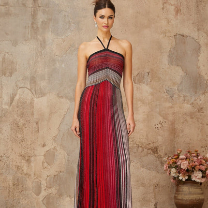 Laney Red Metallic Knit Halter-Neck Maxi Dress with Glitter Detailing